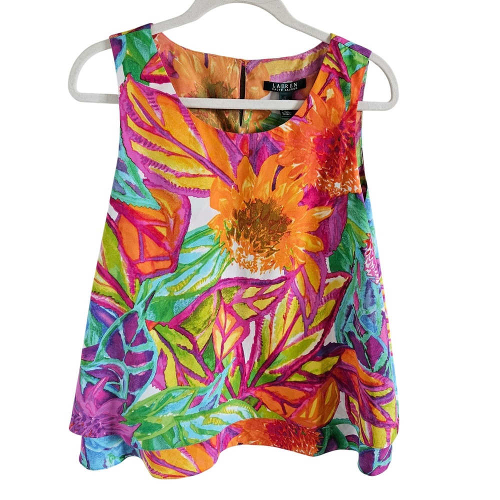 Lauren Ralph Lauren Floral Tiered Sleeveless Blouse Tropical Sunflowers Large